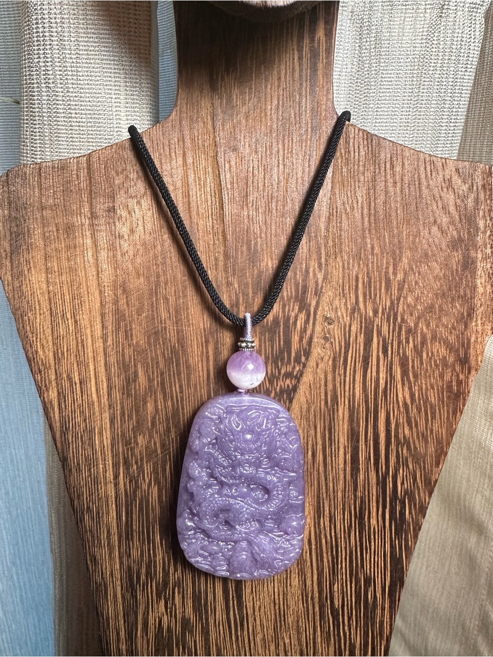 Lavender Carved Ocean Jasper Dragon Pendant Necklace with Half Bowl Amethyst - Picture 3 of 16